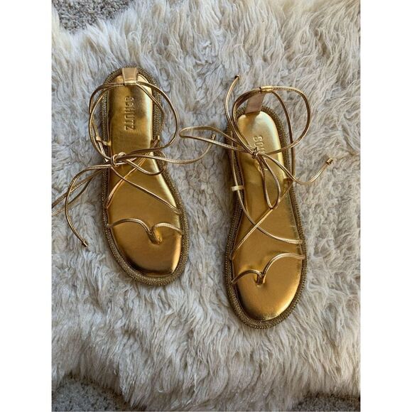 SCHUTZ Kittie Crystal Embellished Metallic & Nappa Leather Wraparound Flat Sanda - Picture 5 of 12